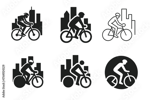 Urban Cycling Logos. Urban cycling. Set Logo of Urban cycling: city skyline behind rider. harmonious logo variations of the same emblematic concept, each with