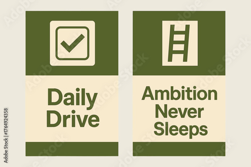 Daily Drive Banners. Daily drive. Two vertical A6 banners with safe margins, centered composition, no elements touching edges, geometric, olive green and