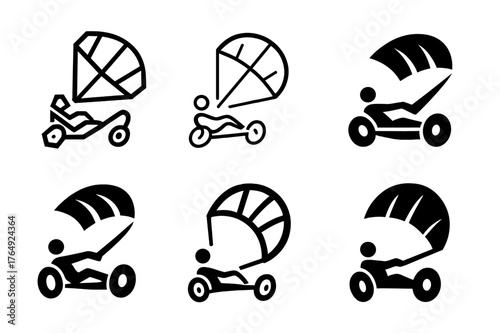 Kite Buggy Logos. Kite buggy. Set Logo of Kite buggy: traction kite towing sand buggy. harmonious logo variations of the same emblematic concept, each with