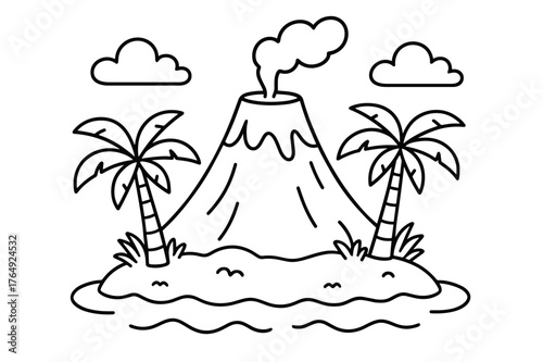 Volcano Island Coloring Page. Island volcano children?s coloring book illustration, outlined drawing, a peaceful cone-shaped volcano on a tiny island with palm