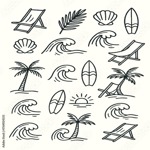 Collection of hand drawn surf and beach icons and illustrations