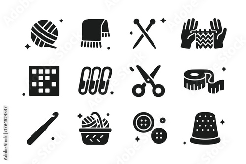 Handmade Knitting Icons. Handmade Knitting. Solid icons set of Handmade Knitting: yarn ball, scarf, knitting needles, hands, pattern chart, stitch markers,