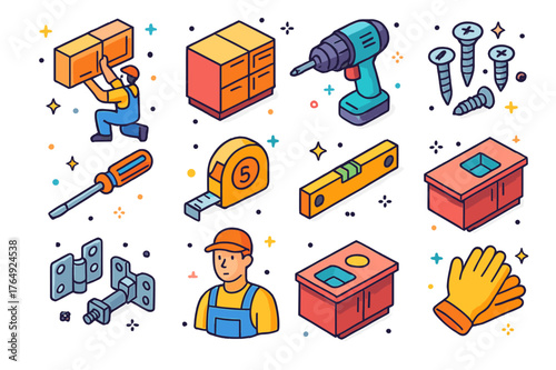 Colorful Cabinet Installation Icons. Cabinet installation. Colorful isometric vector icons set of cabinet installation: upper cabinets, lower cabinets, drill,
