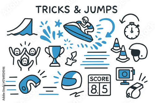 Dynamic Jet Ski Tricks. // Tricks & jumps. Hand-drawn doodle illustration Tricks & jumps [ramp wake (accented), airborne jet ski (accented), splash stars, flip