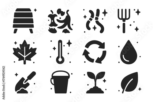 Composting Icons Grid. Composting Systems. Solid icons set of Composting Systems: compost bin, food scraps, leaves, worms, pitchfork, thermometer, recycle