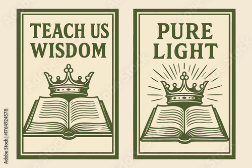 Wisdom and Light Banners. Seat of Wisdom. Two vertical A6 banners with safe margins, centered composition, no elements touching edges, retro, olive green and