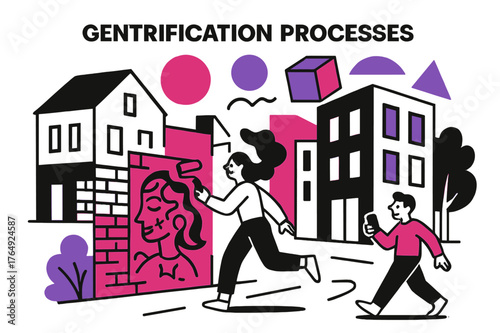 Urban Revitalization Art. Gentrification Processes. Streets with street art and modern facades alongside older buildings, floating abstract geometric shapes,