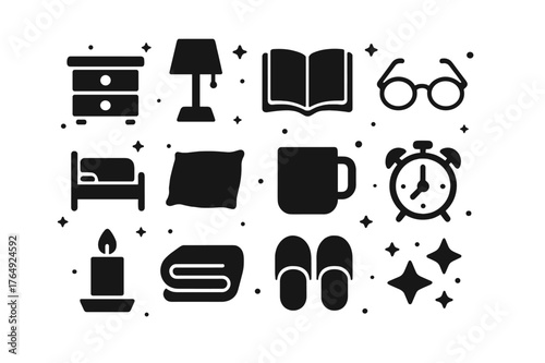 Bedtime Reading Icons. Reading Before Bed. Solid icons set of Reading Before Bed: nightstand, lamp, book, glasses, bed, pillow, mug, alarm clock, candle,