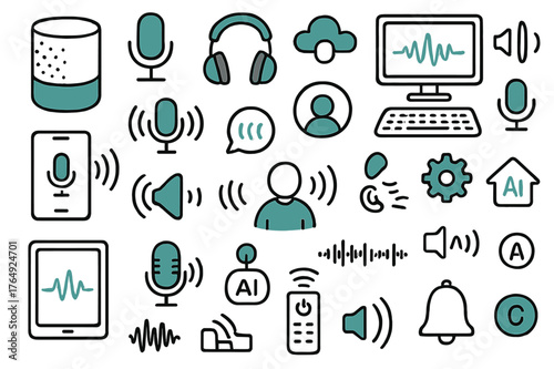 Voice Interface Doodle. Voice interface. Hand-drawn doodle illustration smart speaker (colored), microphone (colored), headphones (colored), smartphone