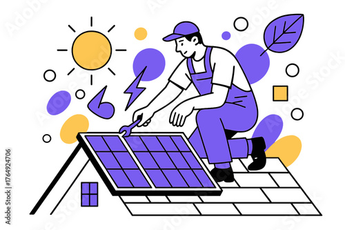 Solar Panel Maintenance. Solar Panels on Roof. Technician maintaining solar panels on a roof with floating abstract geometric shapes and renewable energy