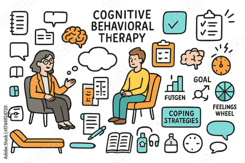 Therapy Doodle Illustration. Cognitive behavioral therapy. Hand-drawn doodle illustration therapist (colored), patient (colored), thought bubble (colored),