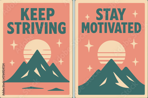 Retro Motivation Banners. Keep striving. Two vertical A6 banners with safe margins, centered composition, no elements touching edges, retro, pink and teal,
