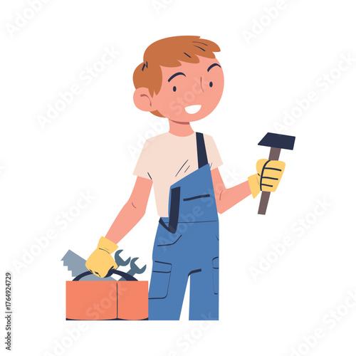 Man Handyman with Toolbox in Uniform Engaged in Professional Job Vector Illustration