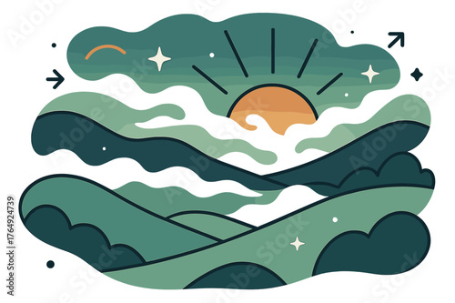 Serene Sunrise Panorama. Rolling hills. Sunrise over rolling hills with abstract floating mist, rays, and sparkles; emphasizes peaceful morning, nature, and