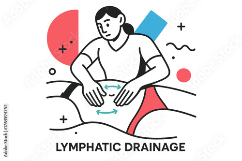 Therapeutic Abstract Art. Lymphatic Drainage. Close-up of therapist's hands guiding lymphatic flow on abdomen with floating abstract geometric shapes, focused