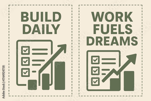 Build Daily Banners. Build daily. Two vertical A6 banners with safe margins, centered composition, no elements touching edges, geometric, olive green and