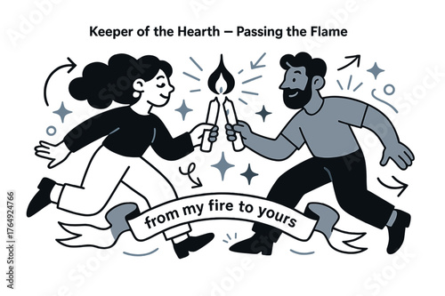 Passing the Flame. Keeper of the Hearth ? Passing the Flame. Two figures touch candles tip-to-tip; a soft spark bridges the light. Ribbon reads ?from my fire