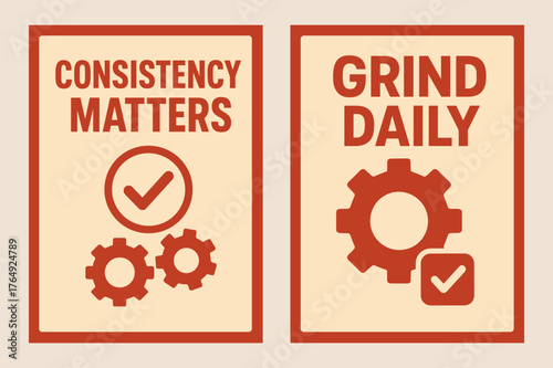 Consistency Banners. Consistency matters. Two vertical A6 banners with safe margins, centered composition, no elements touching edges, flat vector design, red