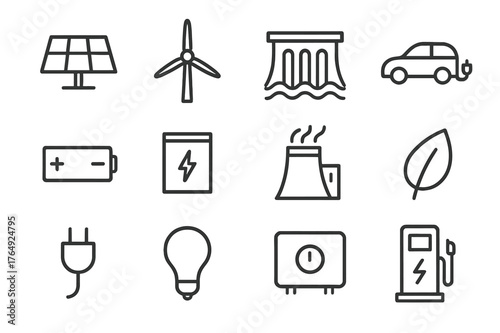 Green Energy Icons. Green energy and renewable technologies. Line icon set of green energy and renewable technologies: solar panel, wind turbine, hydroelectric