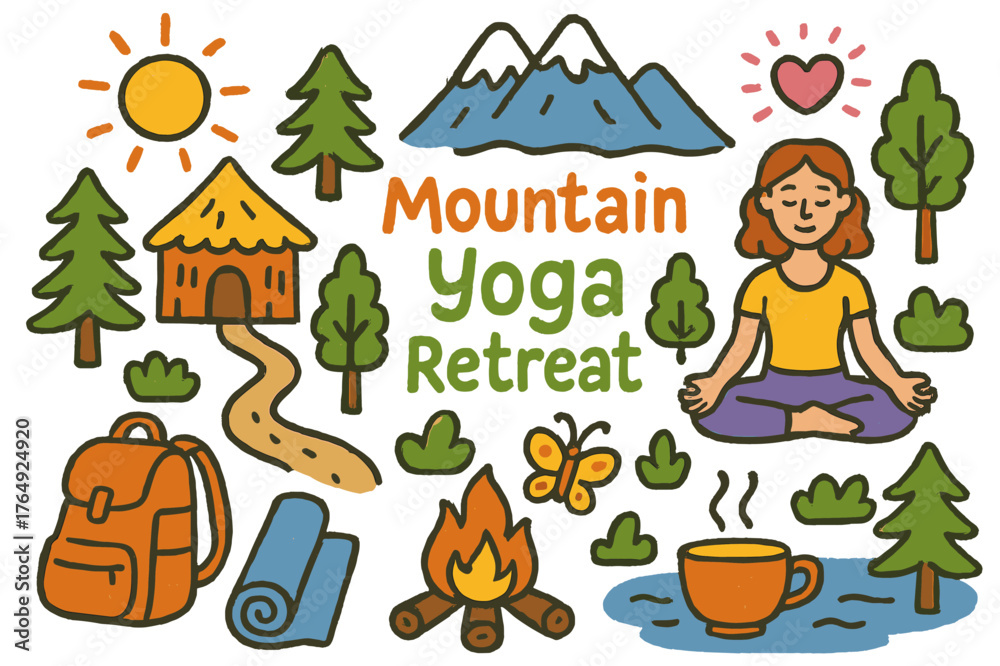 Fototapeta premium Mountain Yoga Retreat. Mountain yoga retreat. Colorful Hand-drawn doodle Children illustration Mountain yoga retreat mountain peak, meditation hut, forest