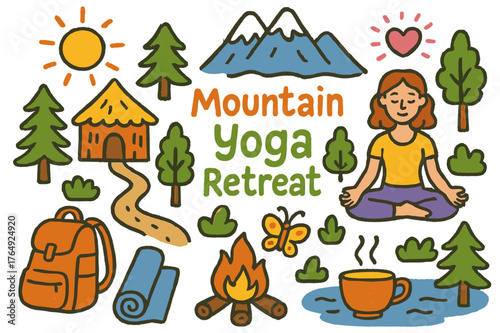 Mountain Yoga Retreat. Mountain yoga retreat. Colorful Hand-drawn doodle Children illustration Mountain yoga retreat mountain peak, meditation hut, forest