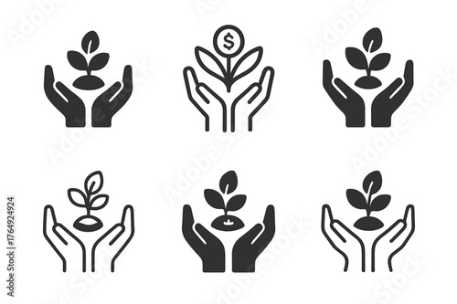 Microfinance Logo Variations. Microfinance. Set Logo of Microfinance: small seed coin in nurturing hands. harmonious logo variations of the same emblematic