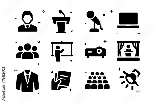 Keynote Address Icons. Keynote Address. Solid icons set of Keynote Address: CEO, podium, microphone, laptop, audience, presentation screen, projector, stage,