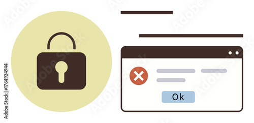 Padlock and error message window with an OK button and red cross, signifying access denial, security notification, or error alerts. Ideal for cybersecurity, authentication, warning, user