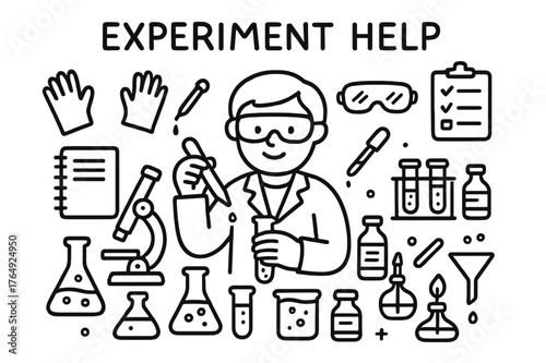 Scientific Tools Doodle. Experiment Help. Hand-drawn doodle illustration Experiment Help person holding test tube, pipette, microscope, gloves, lab coat,