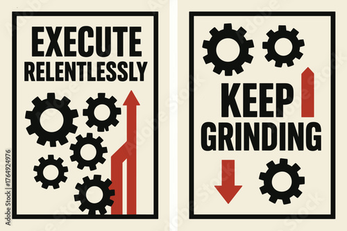 Brutalist Motivation Banners. Execute relentlessly. Two vertical A6 banners with safe margins, centered composition, no elements touching edges, brutalist,
