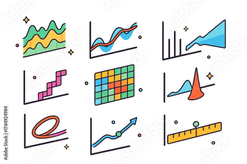 Time Series Icons. Time series analysis. Colorful isometric vector icons set of Time series analysis: seasonal decomposition chart, rolling average line,