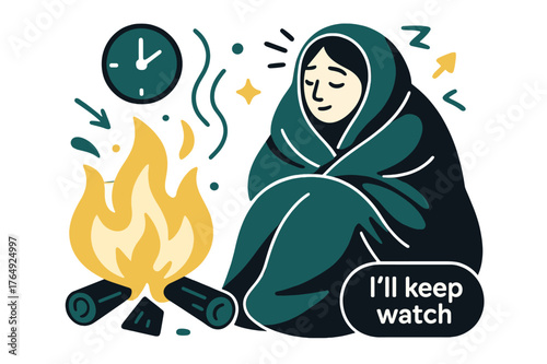 Night Watch Vigil. Keeper of the Hearth ? Night Watch. A figure wrapped in a blanket listens to the quiet crackle; clock icon rests at ?:?. Whispered caption