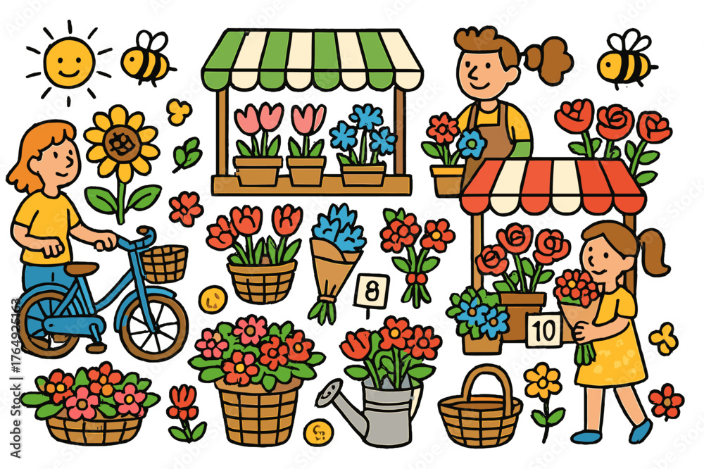 Fototapeta premium Vibrant Flower Market. Flower market. Colorful Hand-drawn doodle Children illustration Flower market vendor stalls, sunflowers, roses, baskets, paper wrap,