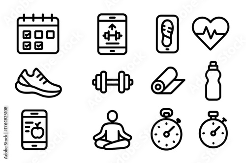 Fitness Icon Collection. Fitness planning. Line icon set of fitness planning: calendar, fitness app interface, smartphone, step counter, heart rate monitor,