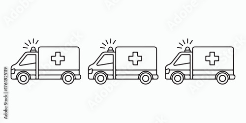 Three ambulance cars with flashing lights, , representing emergency medical services in a simple and clean line art style