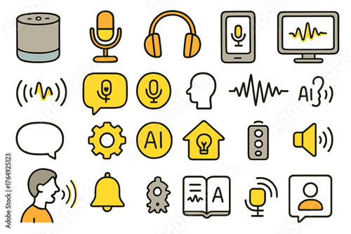 Voice Interface Doodle. Voice interface. Hand-drawn doodle illustration smart speaker (colored), microphone (colored), headphones (colored), smartphone