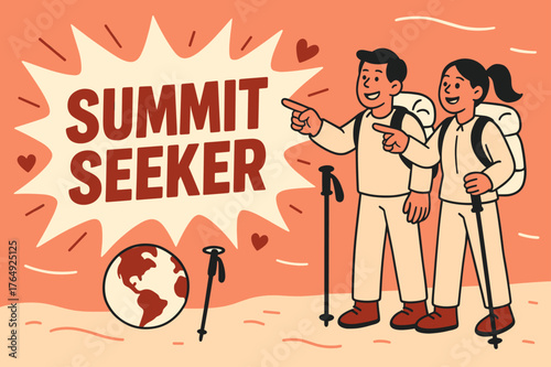 Adventurers' Quest Banner. Summit seeker banner, flat vector illustration, bold oversized text inside splash explosion, cartoon characters standing and