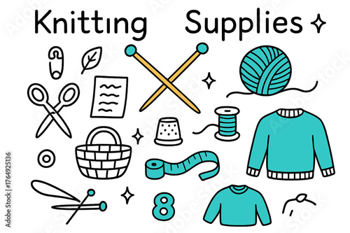 Knitting Supplies Doodle. // Knitting supplies. Hand-drawn doodle illustration Knitting supplies [needles (accented), yarn ball (accented), basket, scissors,