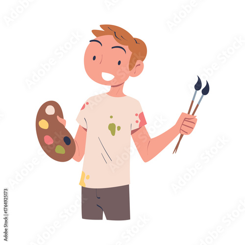 Man Artist with Palette and Brush Engaged in Professional Job Vector Illustration