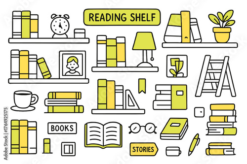 Colorful Reading Nook. Reading shelf. Hand-drawn doodle illustration bookshelf (colored), hardcover books (colored), paperback books (colored), book spines