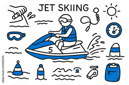 Jet Skiing Essentials. // Jet skiing. Hand-drawn doodle illustration Jet skiing [jet ski (accented), rider with life jacket (accented), throttle handle, spray