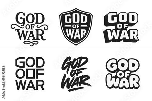 God of War Lettering. God of War. Set lettering. harmonious lettering variations of the same emblematic concept (Whimsical curly type with flourishes, Retro