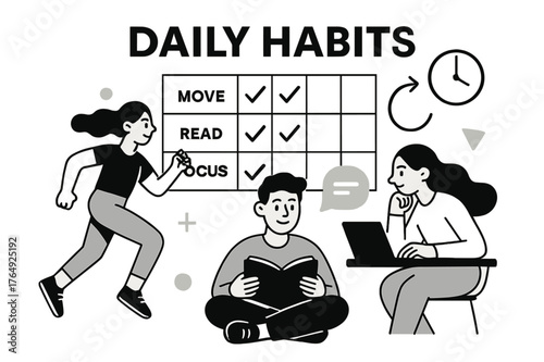 Vision Board Habits. Vision Board ? Daily Habits. A neat habit grid with checkmarks gliding across; labels ?Move, Read, Focus?. A minimal clock and arrow loop