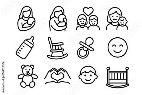 Mother-Child Icon Set. Mom and child. Line icon set of mom and child: mother holding baby, hug, heart, family, baby bottle, rocking chair, pacifier, flowers,