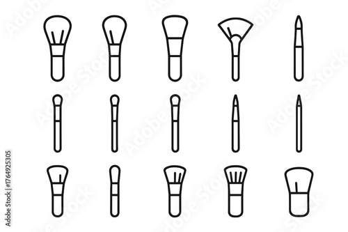 Makeup Brush Icons. Makeup brushes. Line icon set of makeup brushes: powder brush, blush brush, foundation brush, fan brush, eyeshadow brush, eyeliner brush,