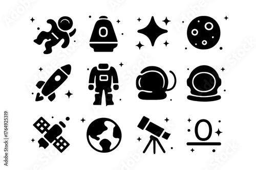 Zero Gravity Icons. Zero Gravity Experience. Solid icons set of Zero Gravity Experience: astronaut floating, space capsule, stars, moon, rocket, space suit,