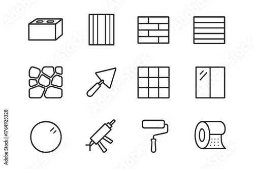 Exterior Materials Icons. Exterior Materials. Line icon set of Exterior Materials: concrete block, metal panel, brick wall, wood slat, stone veneer, stucco