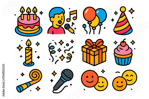 Birthday Celebration Icons. Happy birthday moment. Colorful isometric vector icons set of happy birthday moment: birthday cake, singing person, music notes,