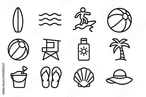 Beach Activity Icons. Beach activities. Line icon set of beach activities: surfboard, waves, surfer, volleyball, beach ball, lifeguard tower, sunscreen bottle,