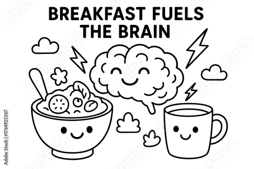 Brain-Powering Breakfast. Breakfast fuels the brain children?s coloring book illustration, outlined drawing, a cheerful bowl of oatmeal, fruit, and a milk cup
